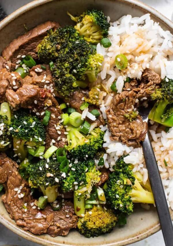 beef and broccoli in bowl.