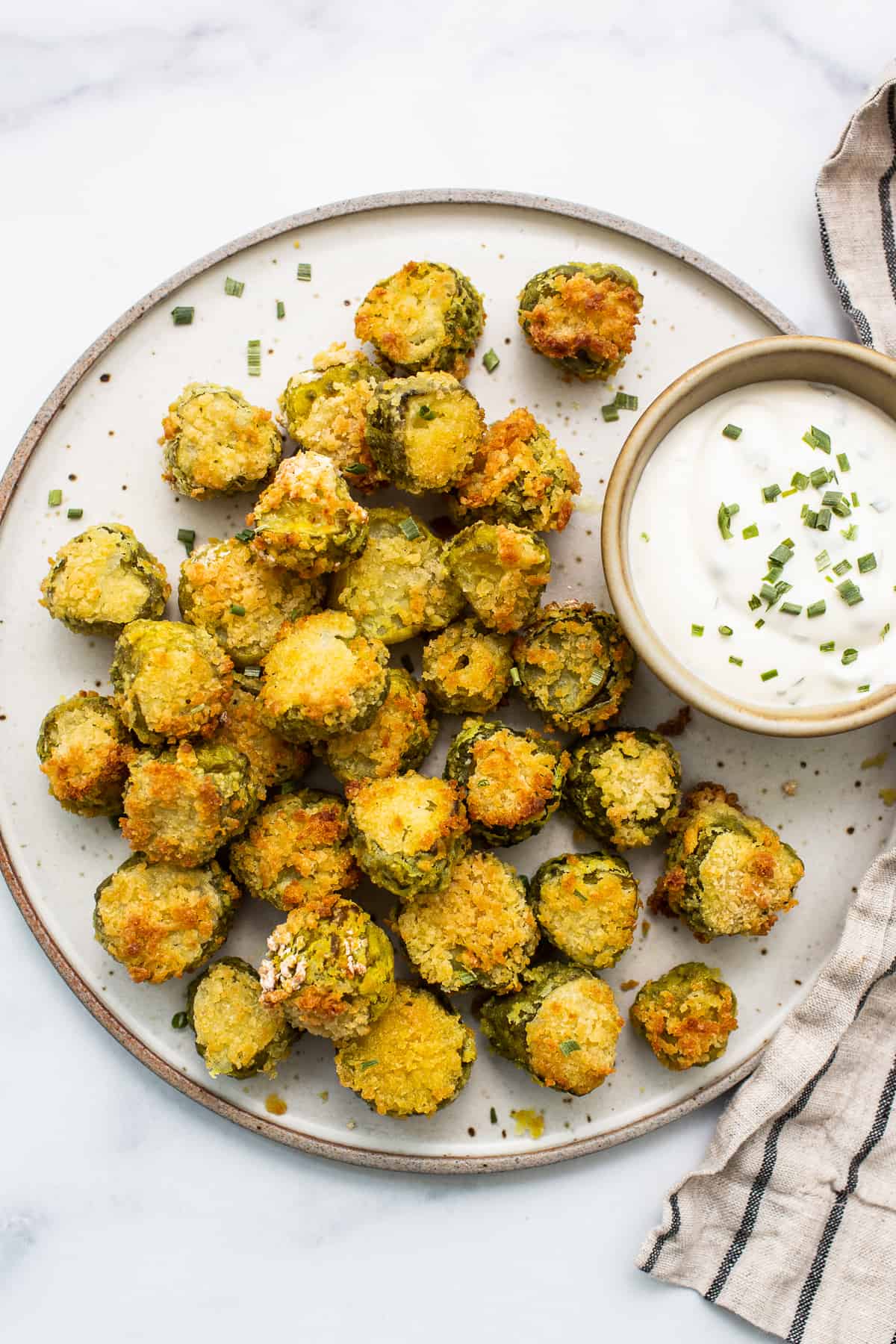 A plate of fried zucchini with a dipping sauce.