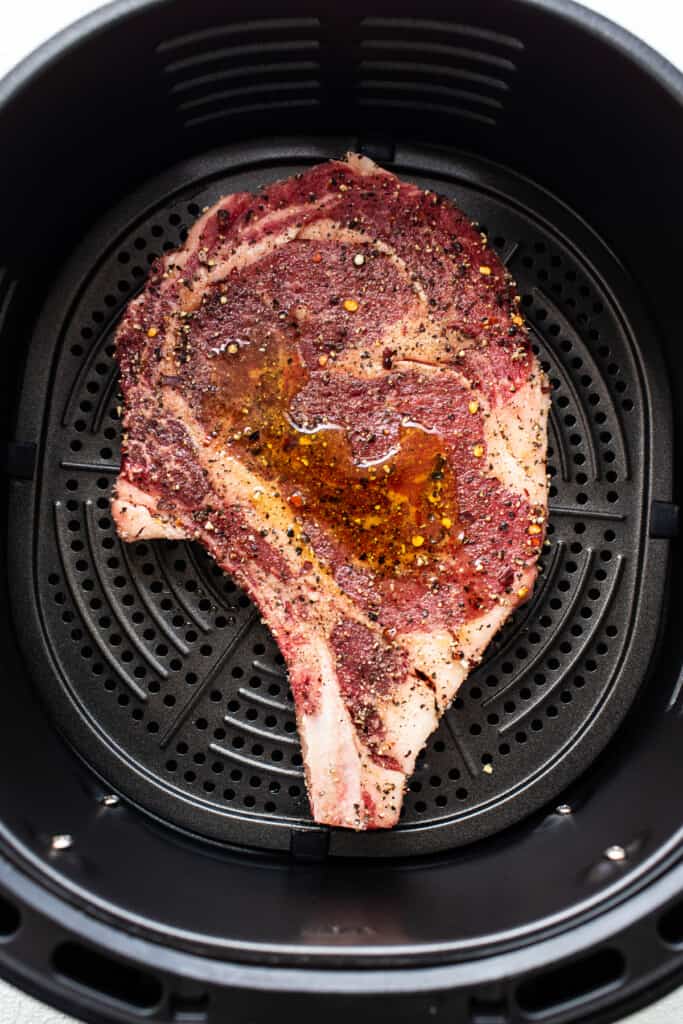 Steak in an air fryer.