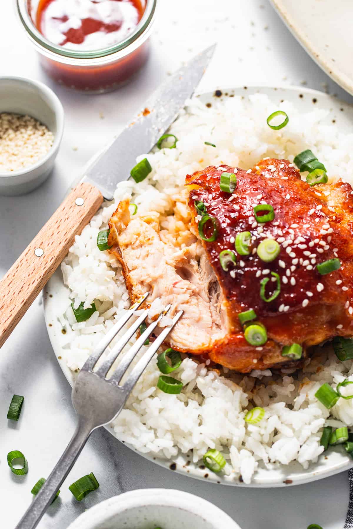 Chicken thigh on a plate with rice and a fork.