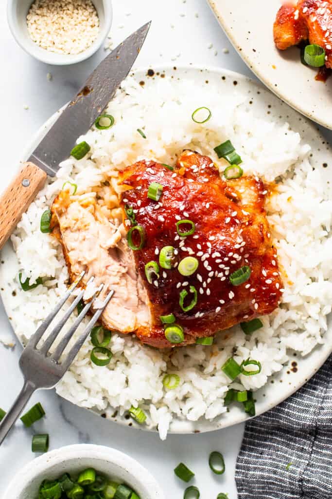 chicken thigh on a plate with rice and a knife.