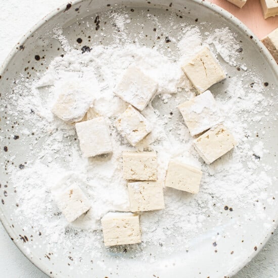 Tofu cubes on a plate with powder on it.