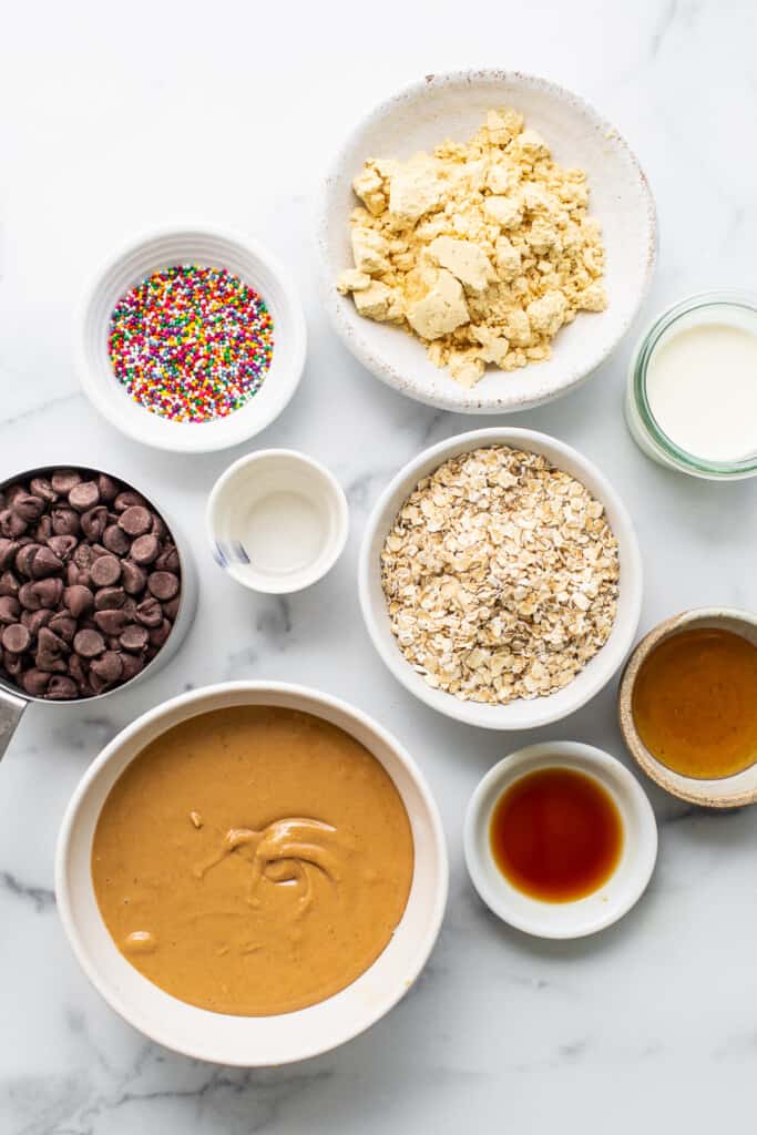 Ingredients for protein cake pops in bowls.