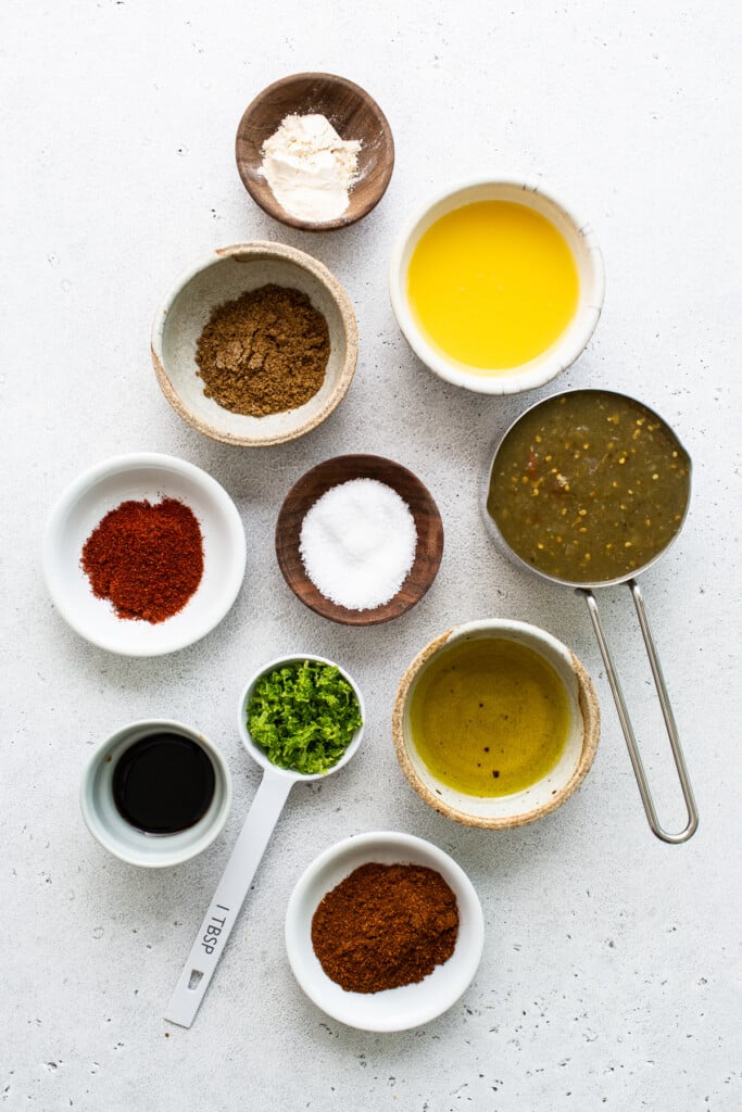 Ingredients for steak fajita marinade in bowls.