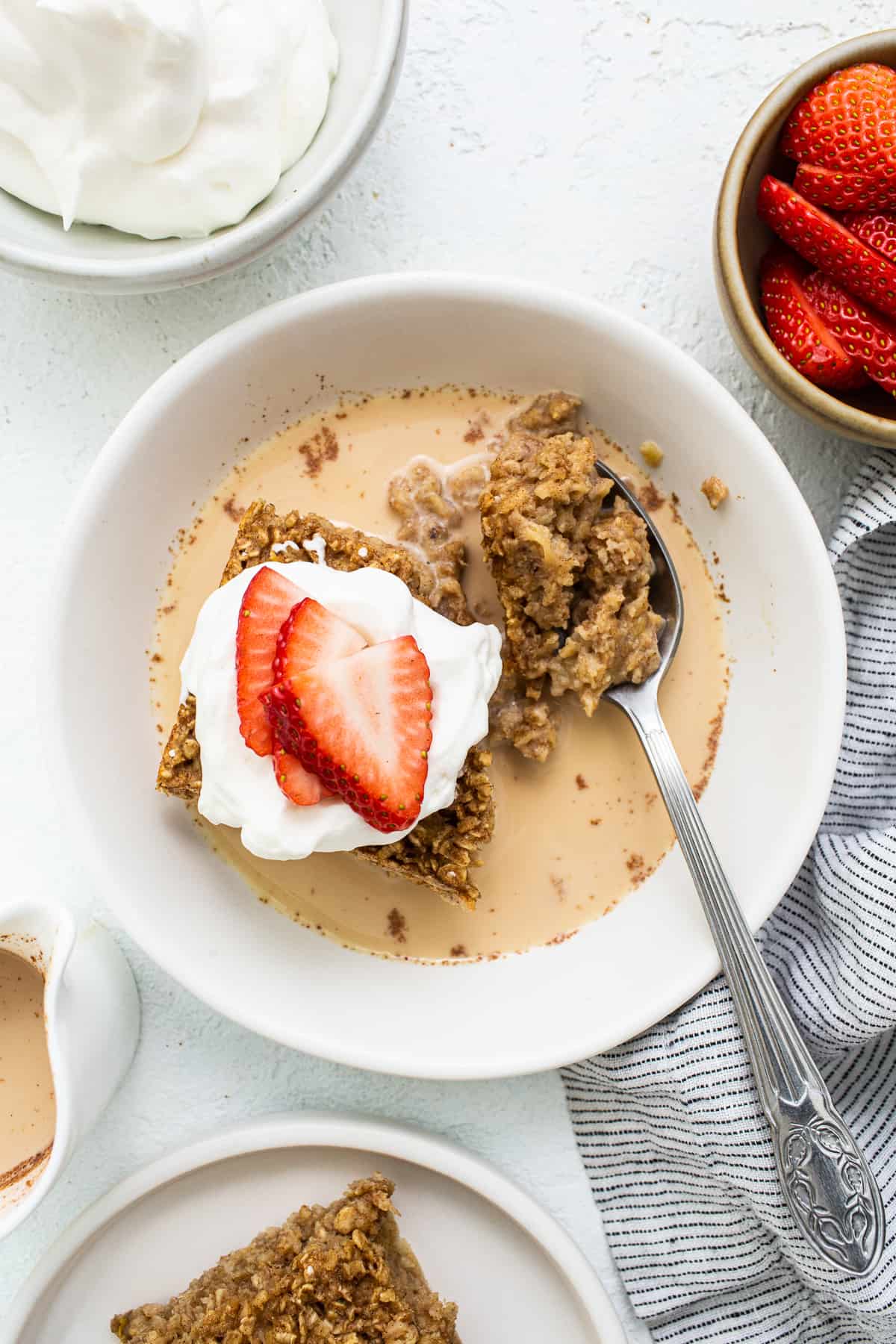 Tres leches baked oatmeal in a bowl.