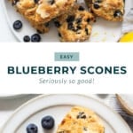 a blueberry scones on a white plate with blueberries.