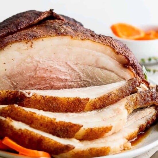 sliced smoked ham on plate.
