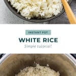 White rice in a pan with a wooden spoon.