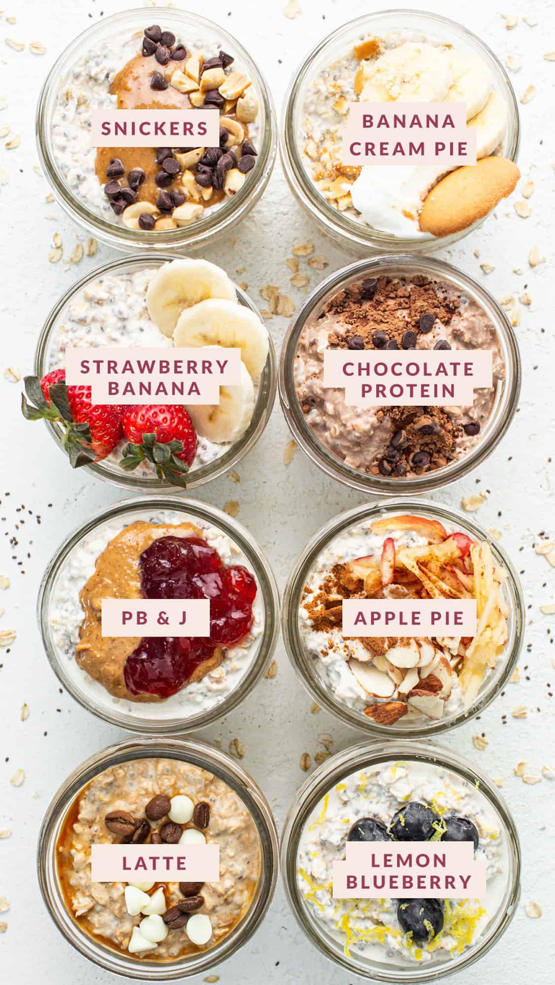 A variety of bowls of overnight oats with different toppings.