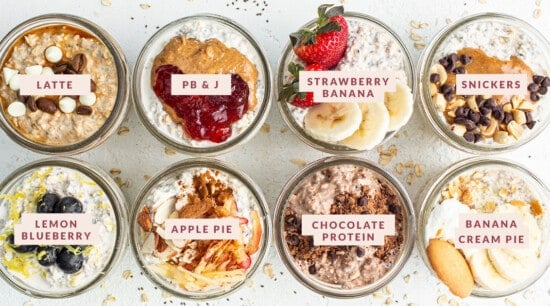 A variety of different types of overnight oats in jars.