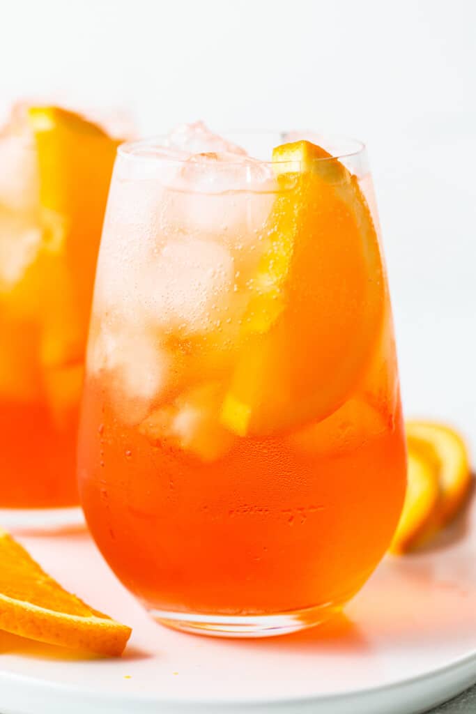 Aperol spritz in a glass.