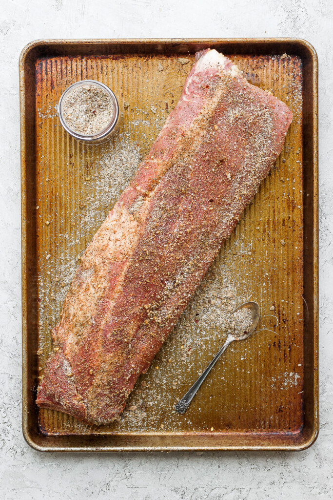 Dry rub on a rack of ribs.