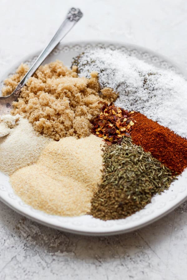 A plate of spices, including those used in a rib rub recipe.
