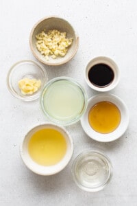 A bowl of ingredients for a chinese fried rice.