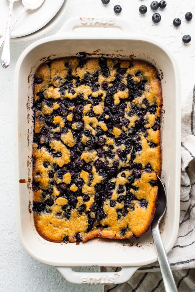 Blueberry cobbler in casserole dish.