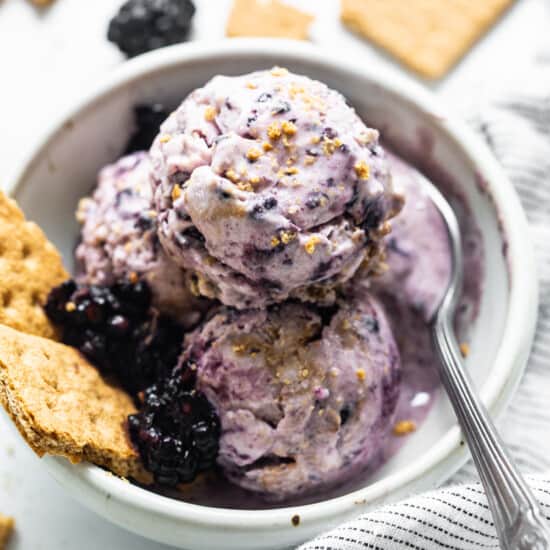 blackberry ice cream in a bowl.