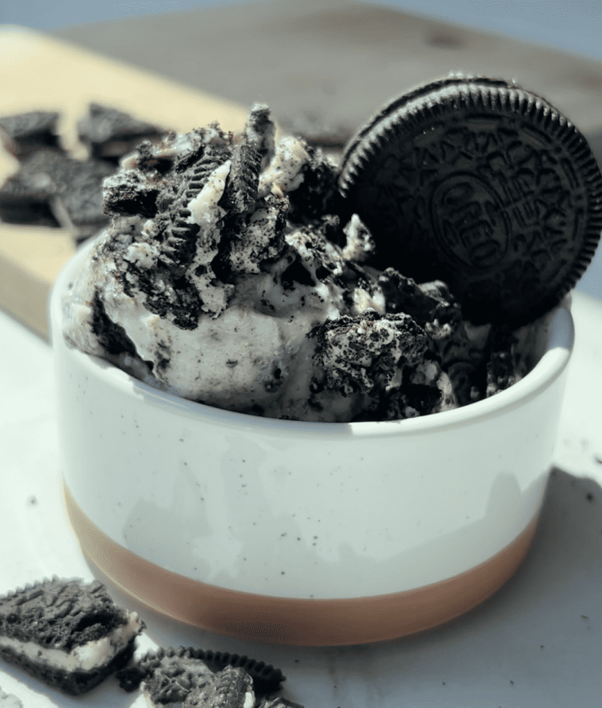 Bowl of cookies and cream cottage cheese ice cream.