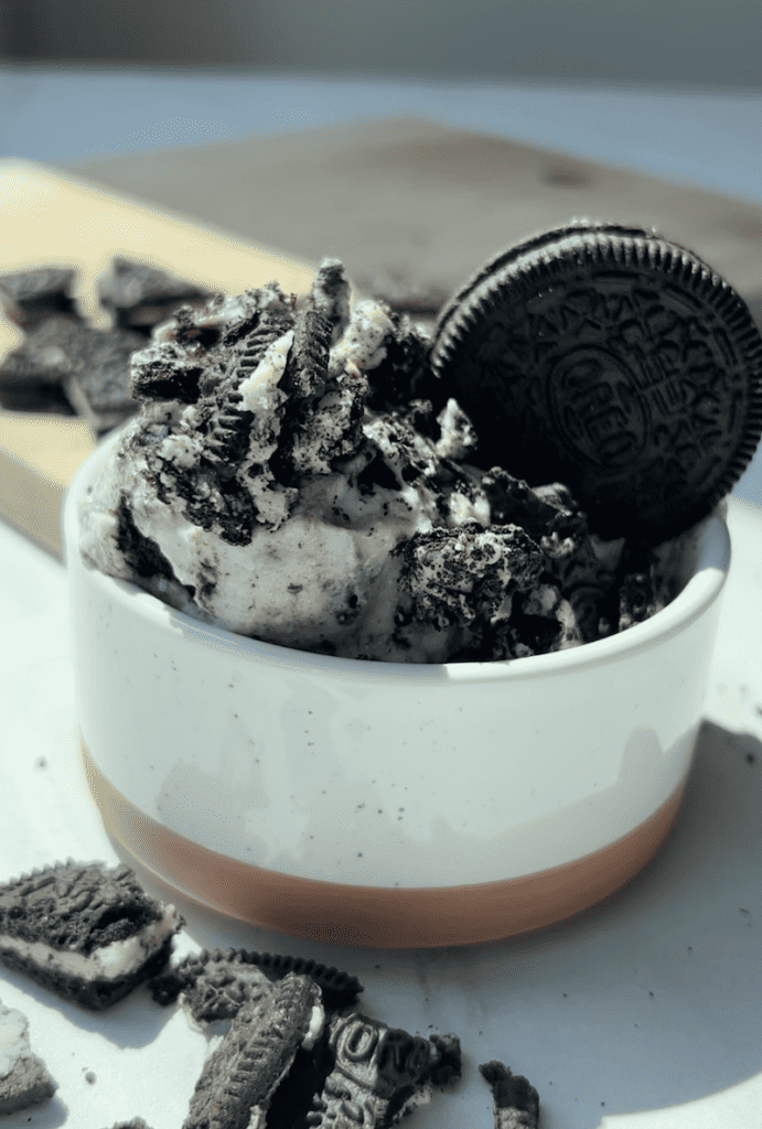 Bowl of cookies and cream cottage cheese ice cream.