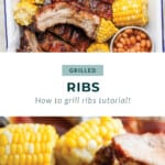 ribs and corn on the cob on a plate.