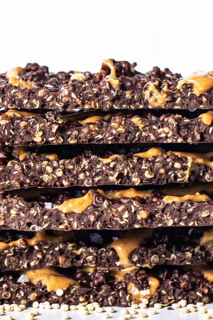 a stack of chocolate and caramel granola bars.
