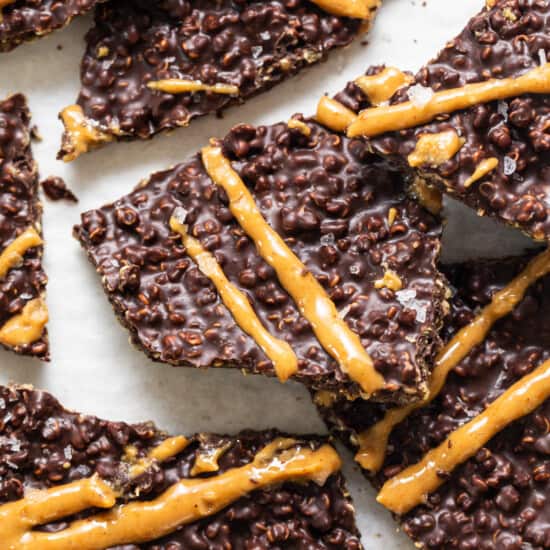 a close up of a plate of cookies with chocolate and caramel.