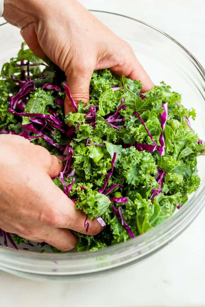 a person putting kale into a bowl.