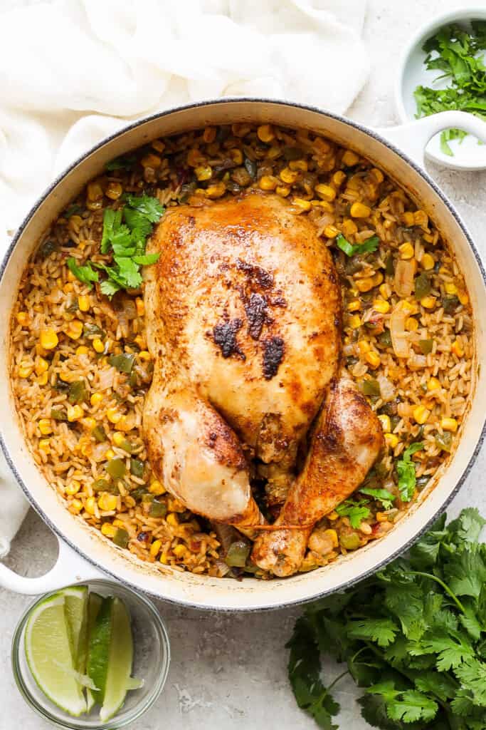mexican chicken and rice in a skillet.