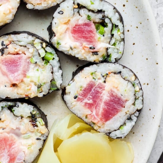 japanese tuna sushi on a plate.