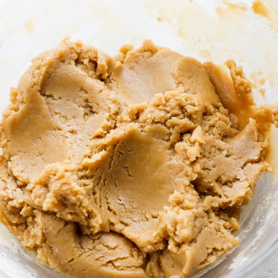 peanut butter in a glass bowl.
