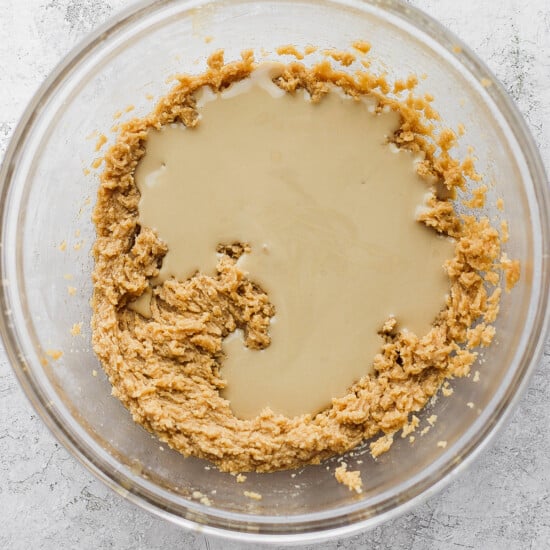 peanut butter cookie dough in a glass bowl.