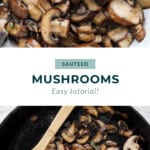 roasted mushrooms in a skillet with a sprig of thyme.