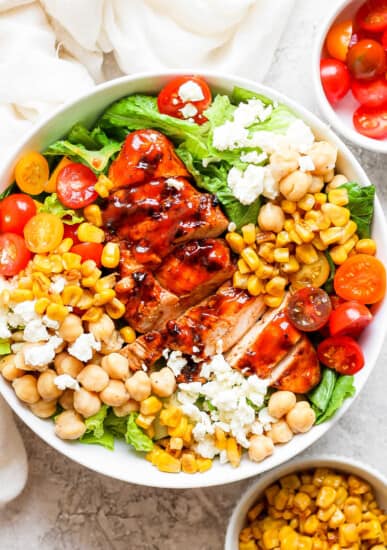 bbq chicken salad with corn and tomatoes.