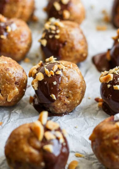 peanut butter and chocolate bites on a baking sheet.
