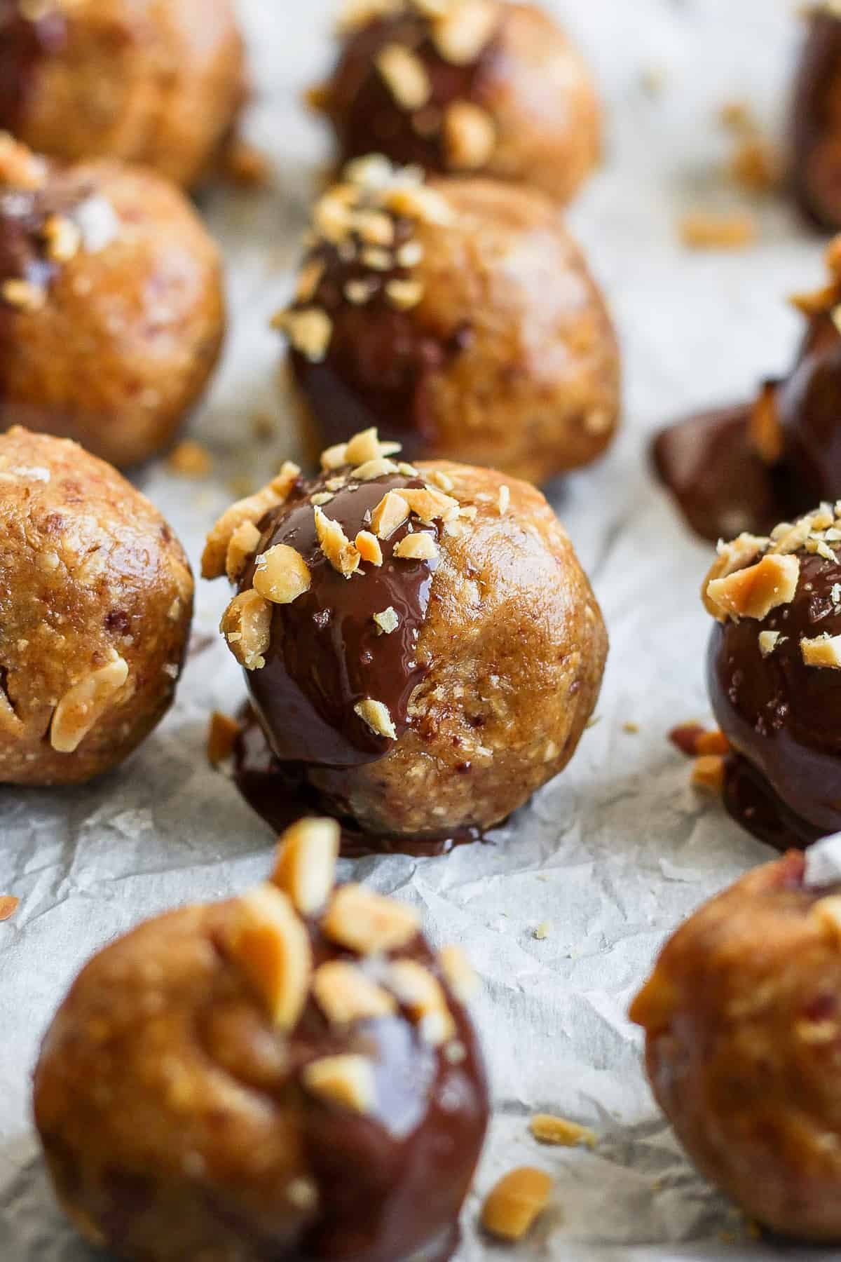 peanut butter and chocolate bites on a baking sheet.