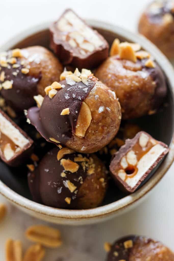 chocolate peanut butter balls in a bowl.