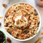 Carrot cake-inspired bowl of oatmeal with whipped cream.