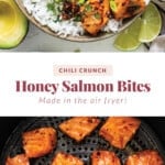 honey salmon bites on a grill.