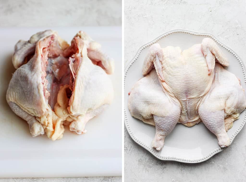 Two photos of a spatchcock chicken on a cutting board.