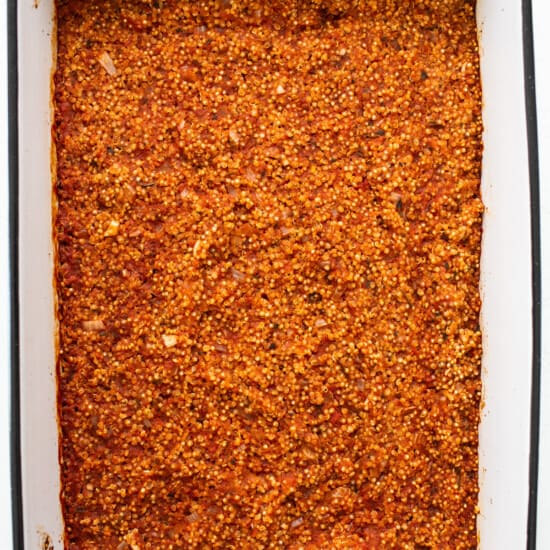 A baking dish filled with a mixture of spices.