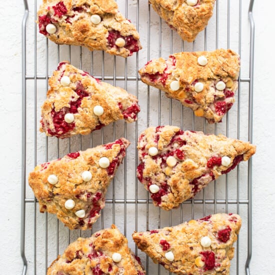 Cranberry scones on a cooling rack.