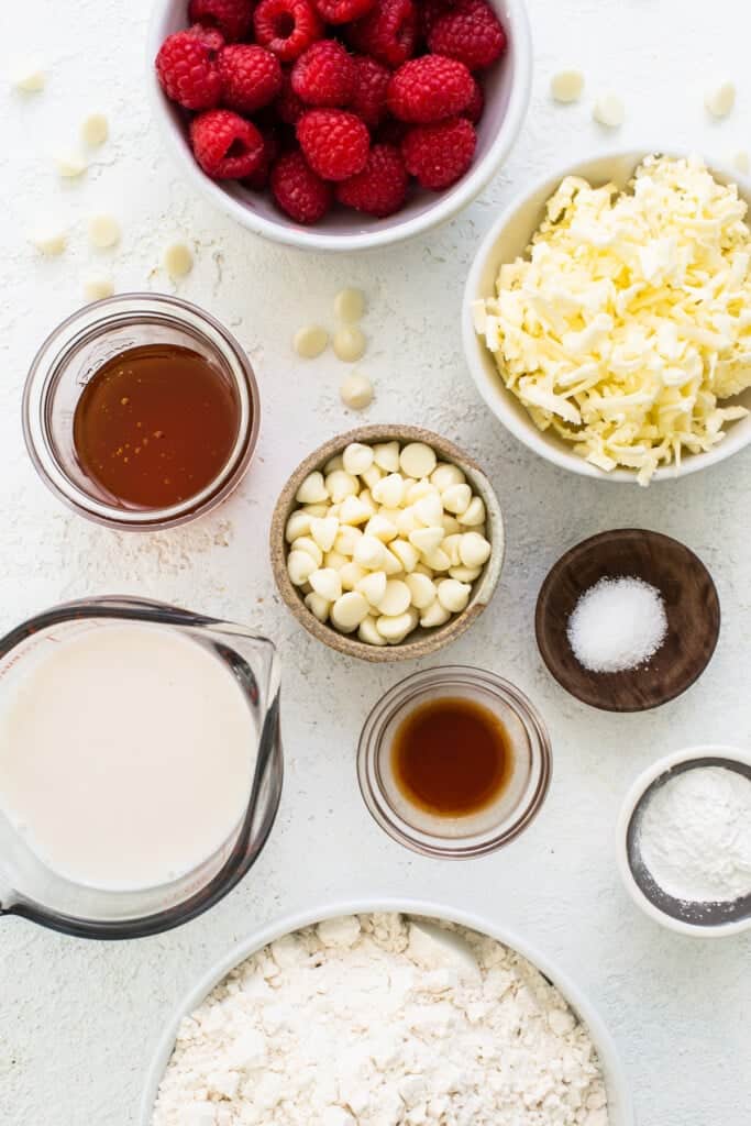 Ingredients for a white chocolate raspberry cake.