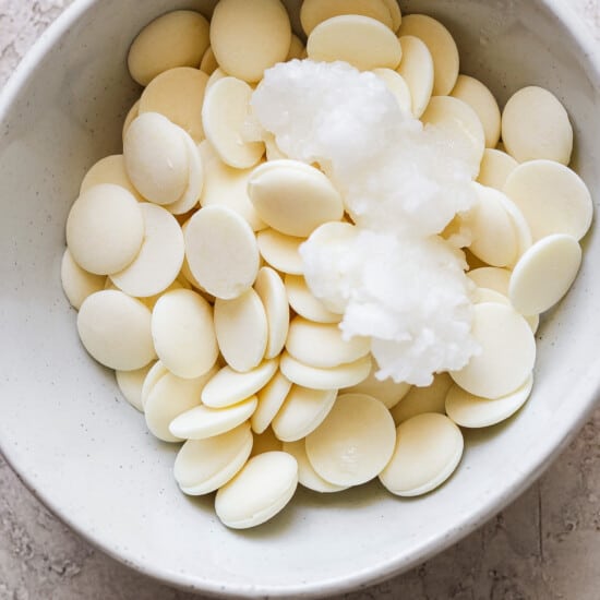 White chocolate chips in a bowl.