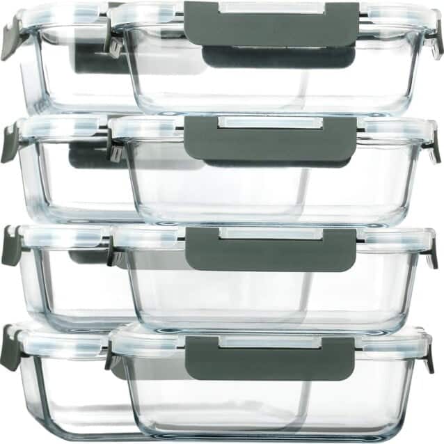 Clear glass containers with lids for grilled shrimp meal prep.