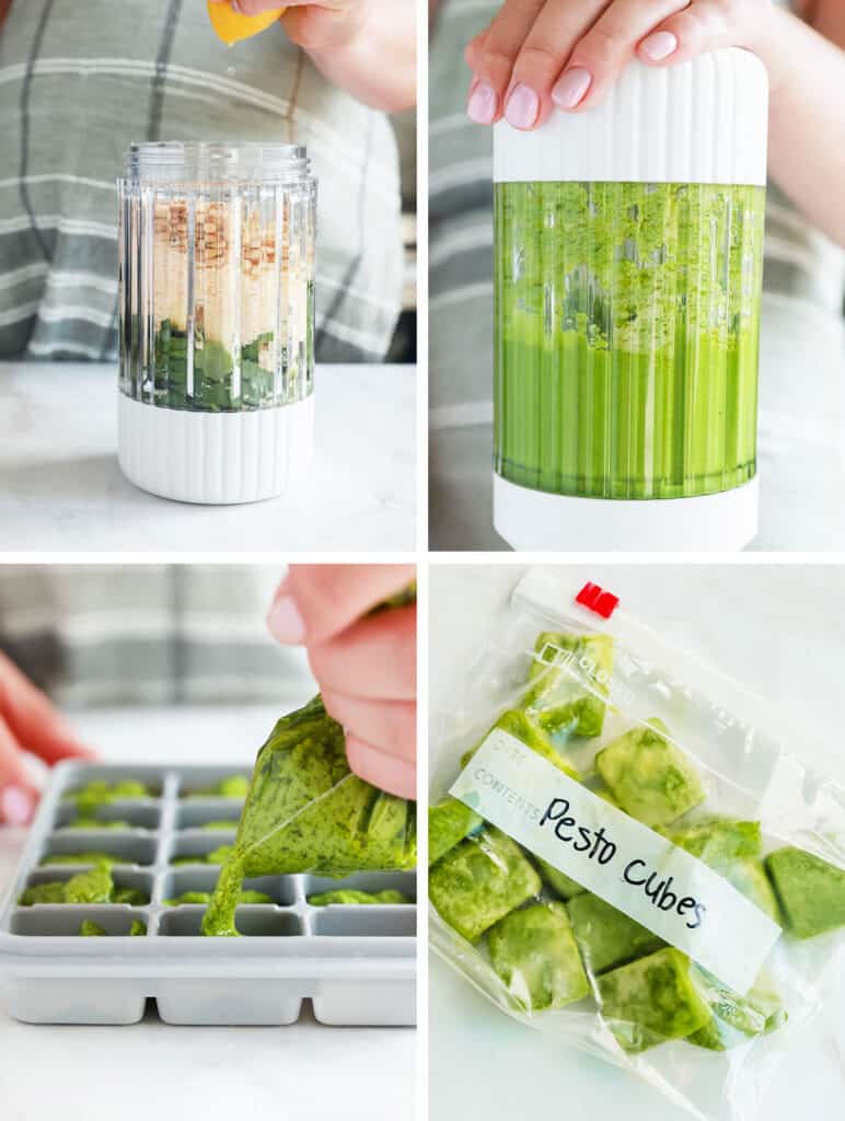 A series of photos showing how to make homemade pesto in a blender.