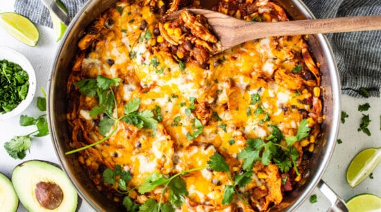 Mexican chicken enchilada in a skillet.
