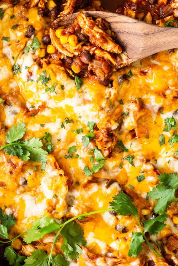 Mexican chicken enchilada in a skillet.