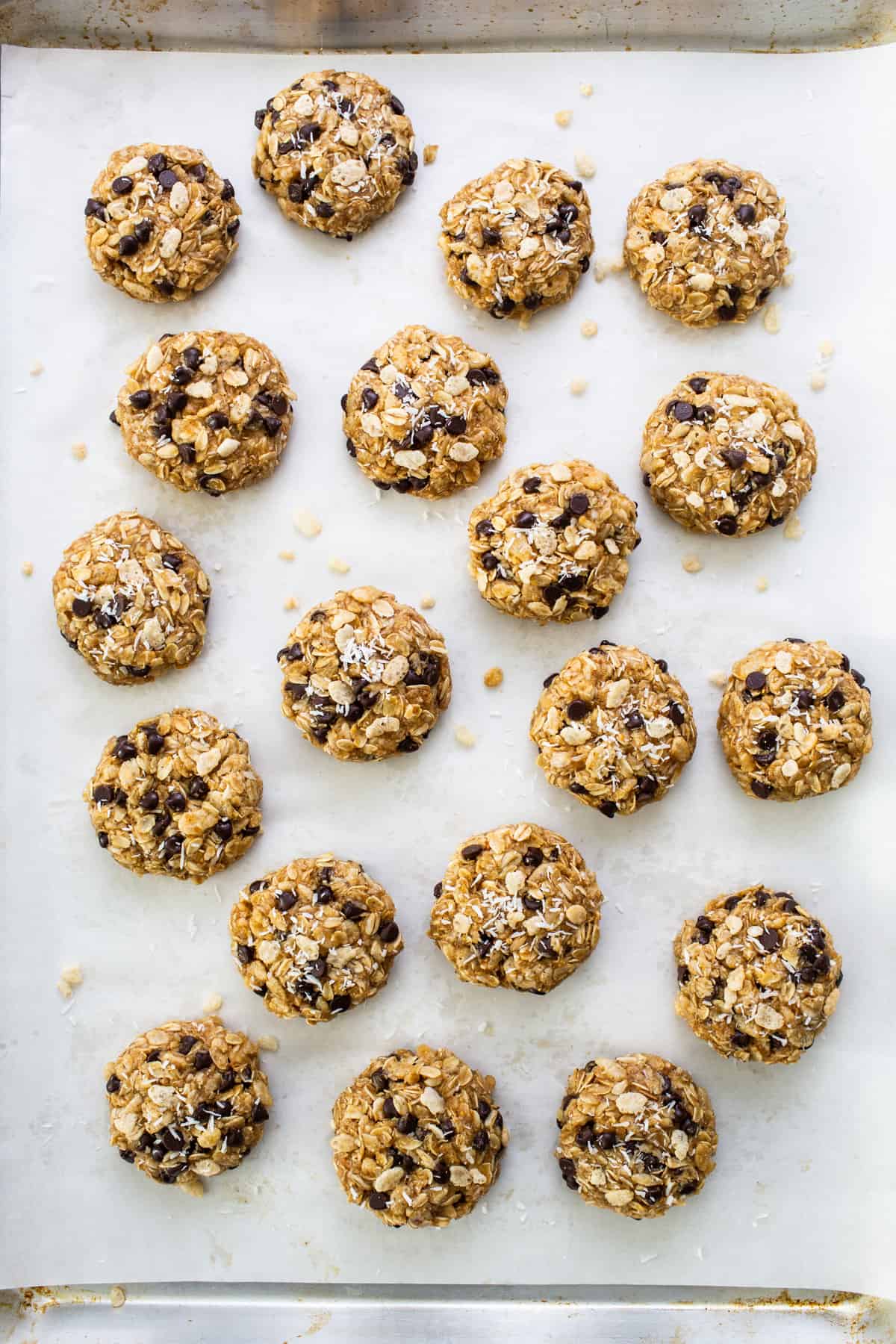 Chocolate chip cookies on a baking sheet.