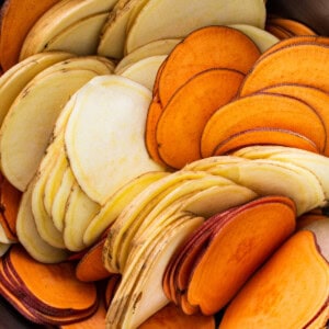 A bowl full of sweet potato slices.