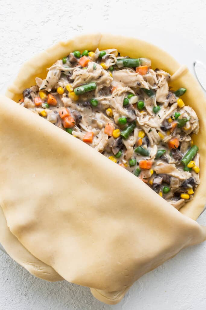A pie filled with chicken and vegetables on a white plate.