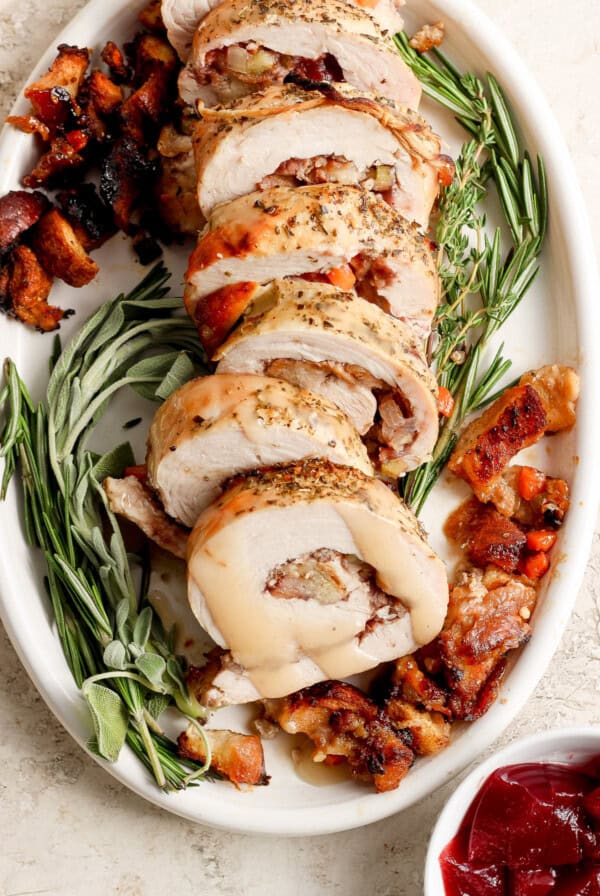 Roasted turkey stuffed with cranberries and sage.